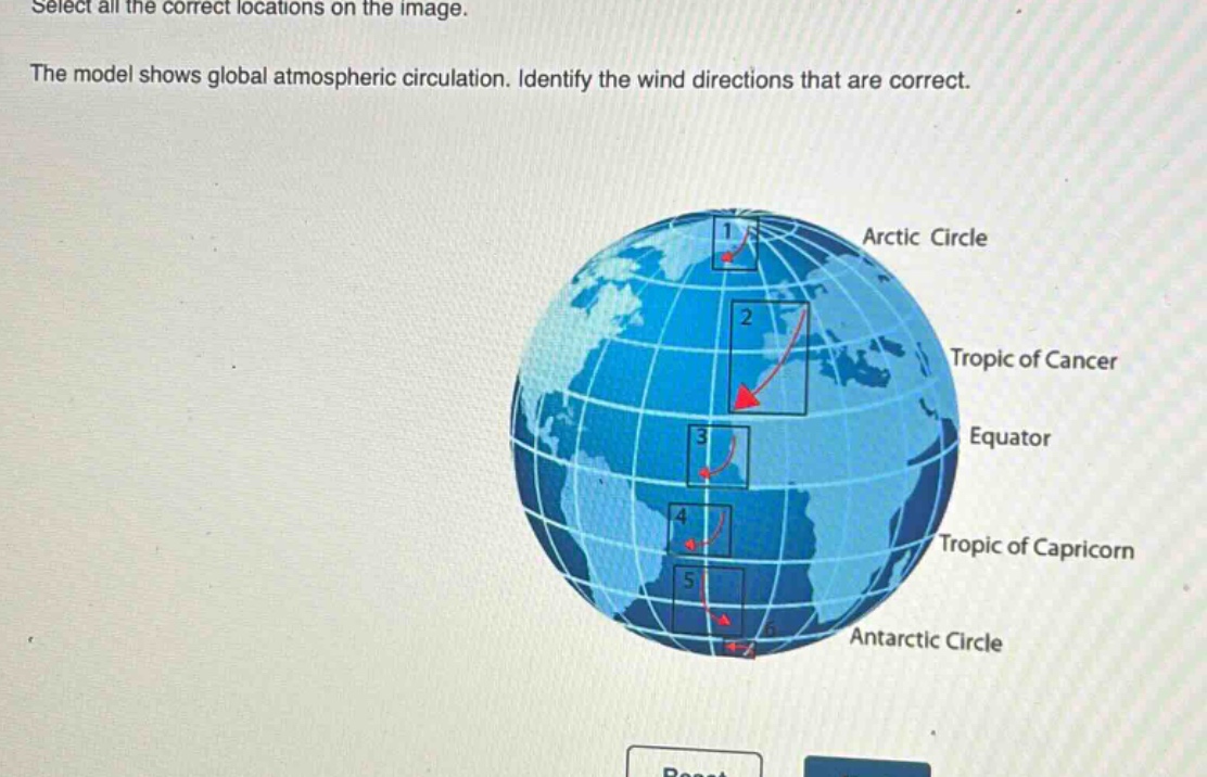 select all the correct locations on the image. the model shows global atmospheric circulation. identify the wind directions that are correct.