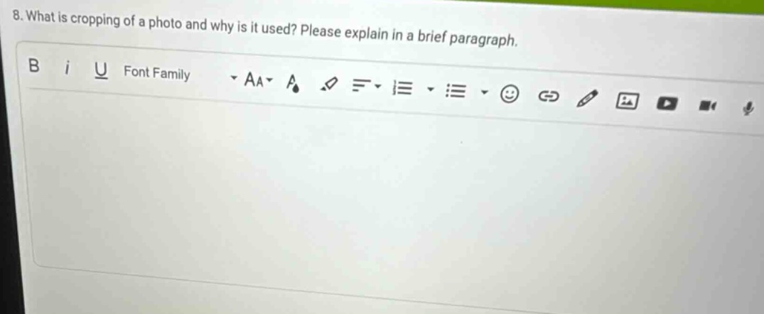 8. what is cropping of a photo and why is it used? please explain in a brief paragraph.