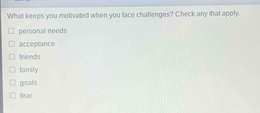 what keeps you motivated when you face challenges? check any that apply. personal needs acceptance friends family goals fear