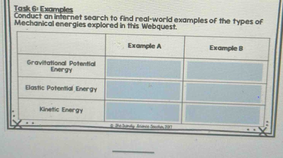 task 6: examples conduct an internet search to find real - world examples of the types of mechanical energies explored in this webquest. example a example b gravitational potential energy elastic potential energy kinetic energy
