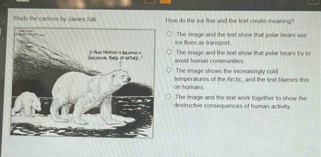 study the cartoon by james silk. how do the ice floe and the text create meaning? the image and the text show that polar bears use ice floes as transport. the image and the text show that polar bears try to avoid human communities. the image shows the increasingly cold temperatures of the arctic, and the text blames this on humans. the image and the text work together to show the destructive consequences of human activity.