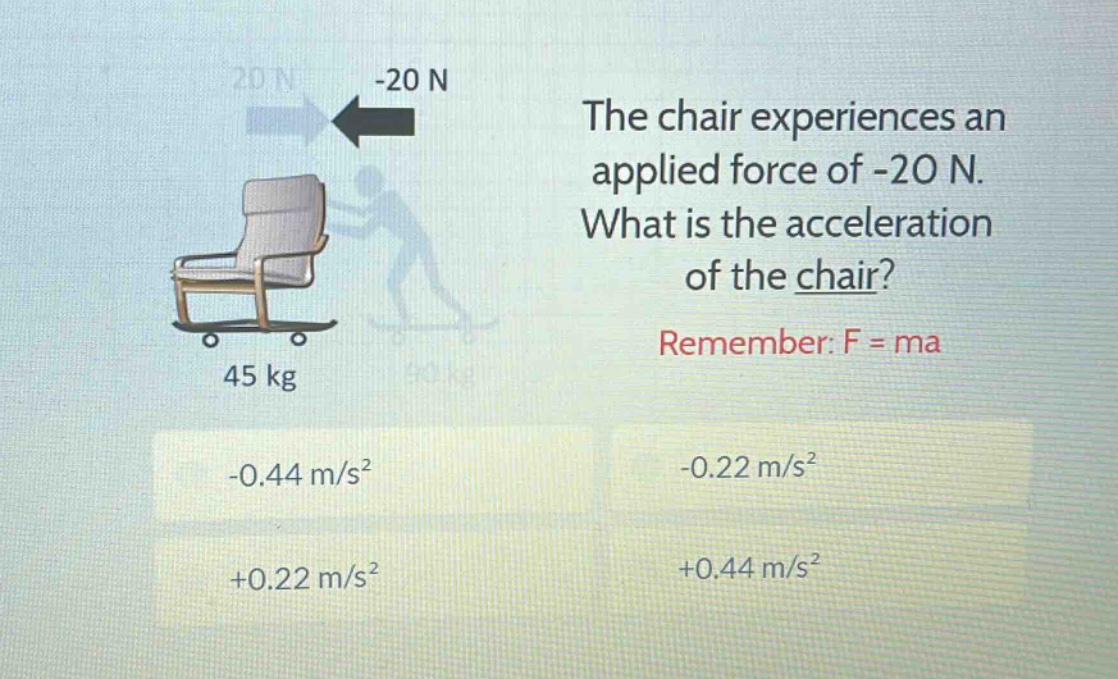 the chair experiences an applied force of -20 n. what is the acceleration of the chair? remember: f = ma -0.44 m/s² -0.22 m/s² +0.22 m/s² +0.44 m/s²