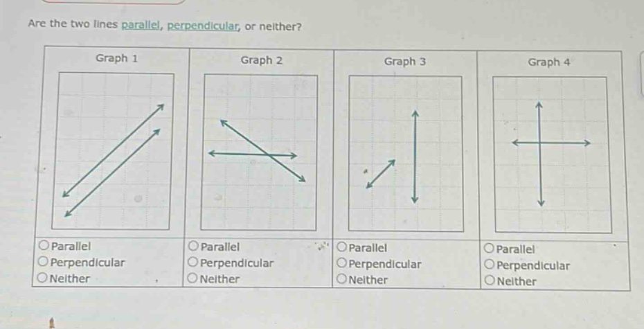 are the two lines parallel, perpendicular, or neither? graph 1 graph 2 graph 3 graph 4 parallel parallel parallel parallel perpendicular perpendicular perpendicular perpendicular neither neither neither neither