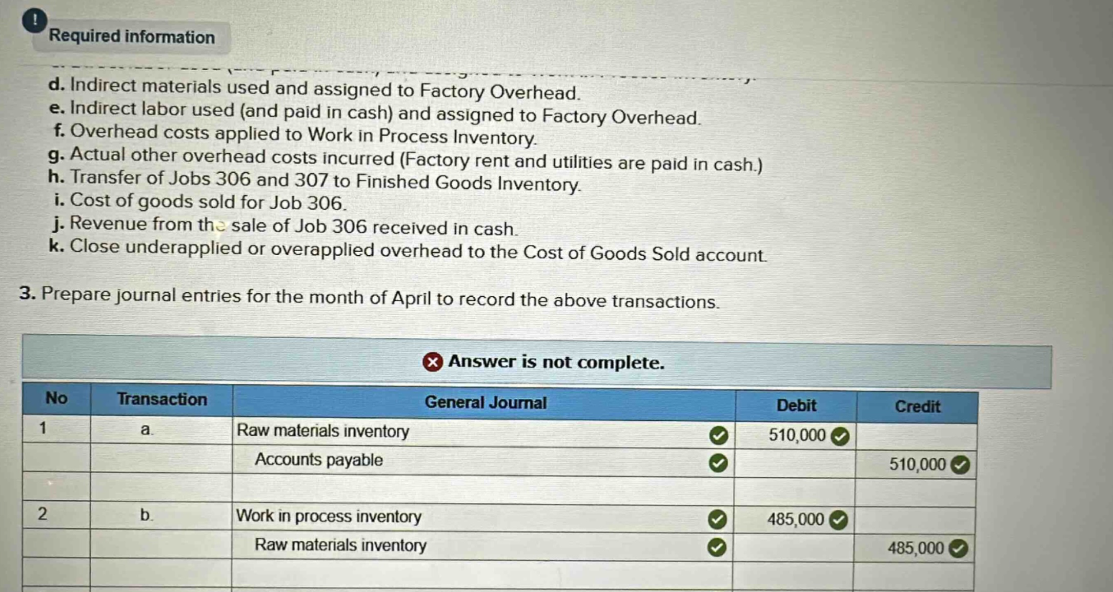 required information d. indirect materials used and assigned to factory overhead. e. indirect labor used (and paid in cash) and assigned to factory overhead. f. overhead costs applied to work in process inventory. g. actual other overhead costs incurred (factory rent and utilities are paid in cash.) h. transfer of jobs 306 and 307 to finished goods inventory. i. cost of goods sold for job 306. j. revenue from the sale of job 306 received in cash. k. close underapplied or overapplied overhead to the cost of goods sold account 3. prepare journal entries for the month of april to record the above transactions. answer is not complete. no transaction general journal debit credit 1 a. raw materials inventory 510,000 accounts payable 510,000 2 b. work in process inventory 485,000 raw materials inventory 485,000
