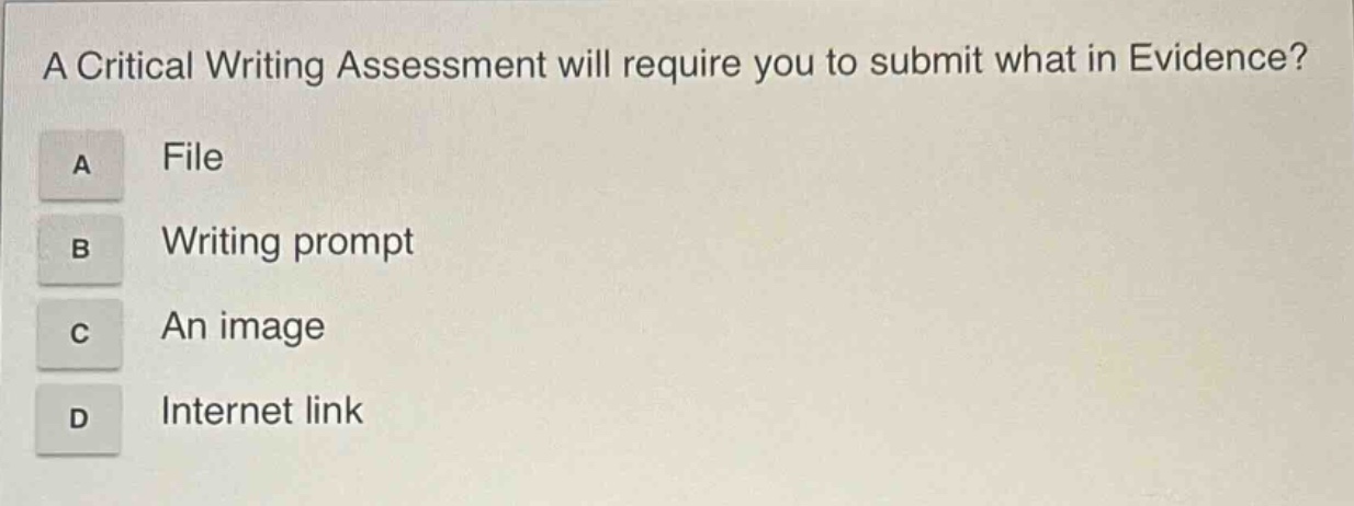 a critical writing assessment will require you to submit what in evidence? a file b writing prompt c an image d internet link