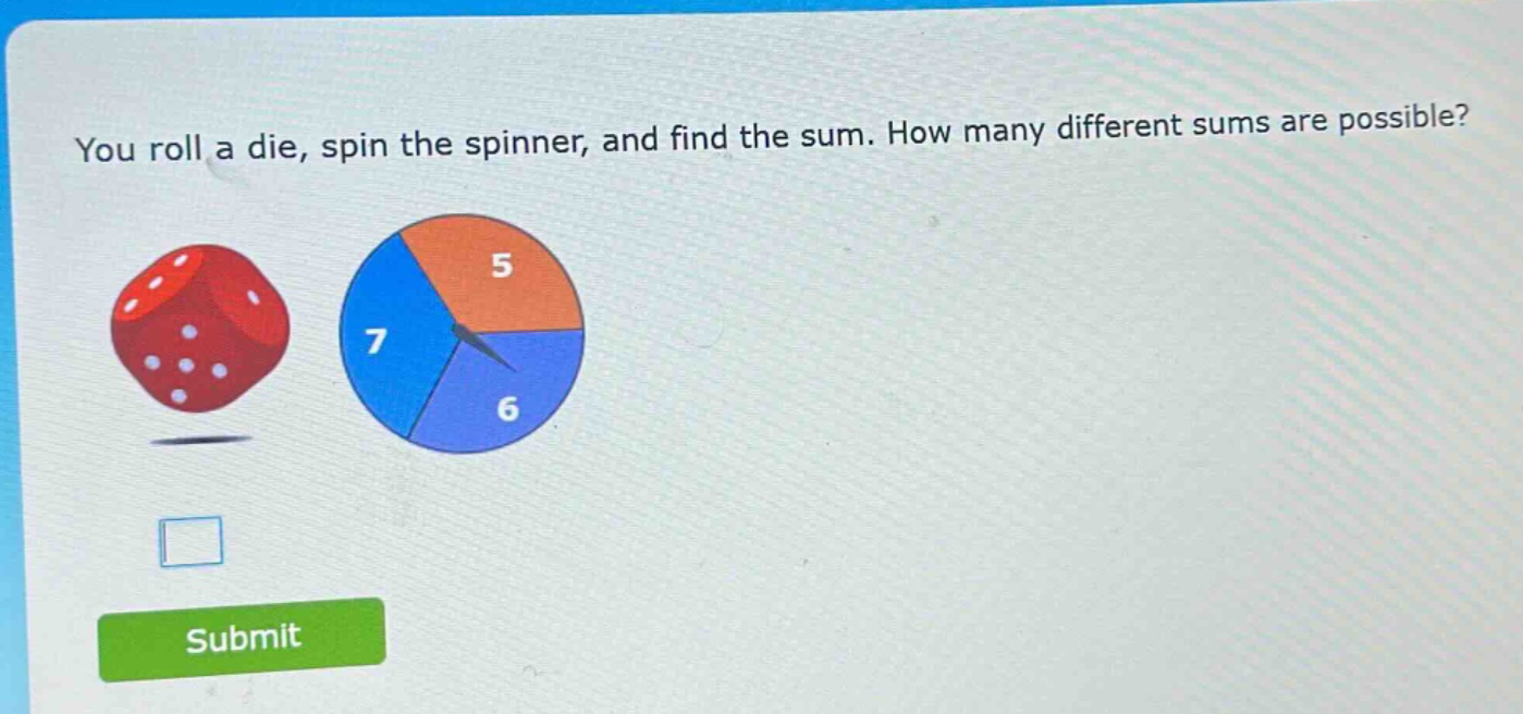 you roll a die, spin the spinner, and find the sum. how many different sums are possible?