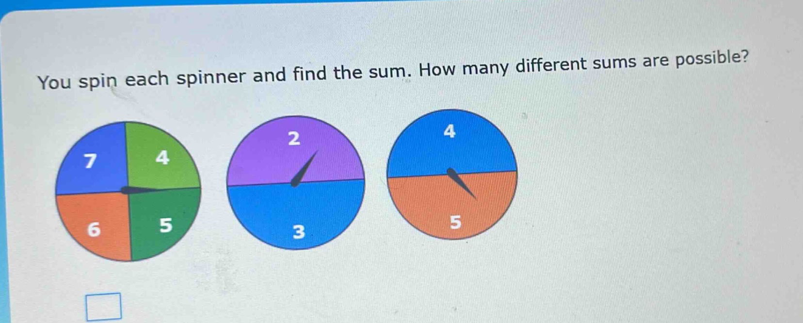 you spin each spinner and find the sum. how many different sums are possible?