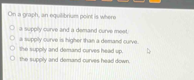 on a graph, an equilibrium point is where\na supply curve and a demand curve meet.\na supply curve is higher than a demand curve.\nthe supply and demand curves head up.\nthe supply and demand curves head down.