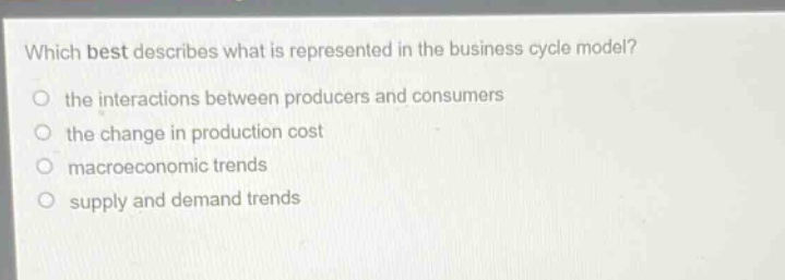 which best describes what is represented in the business cycle model? the interactions between producers and consumers the change in production cost macroeconomic trends supply and demand trends