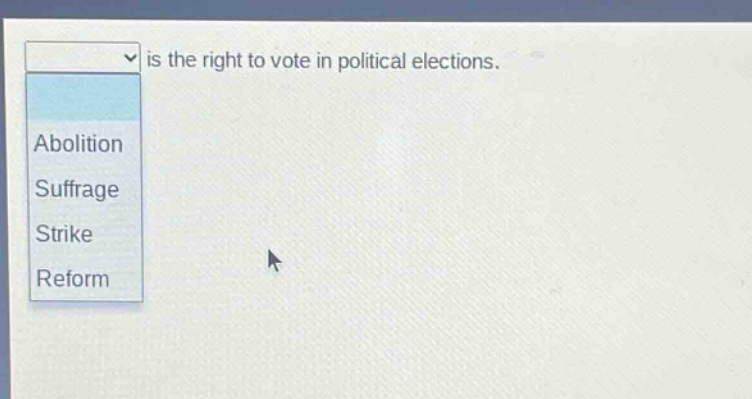 is the right to vote in political elections. abolition suffrage strike reform