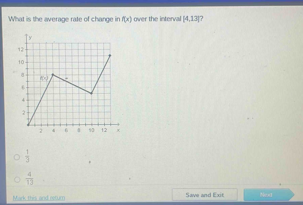 what is the average rate of change in f(x) over the interval 4,13? mark this and return save and exit next