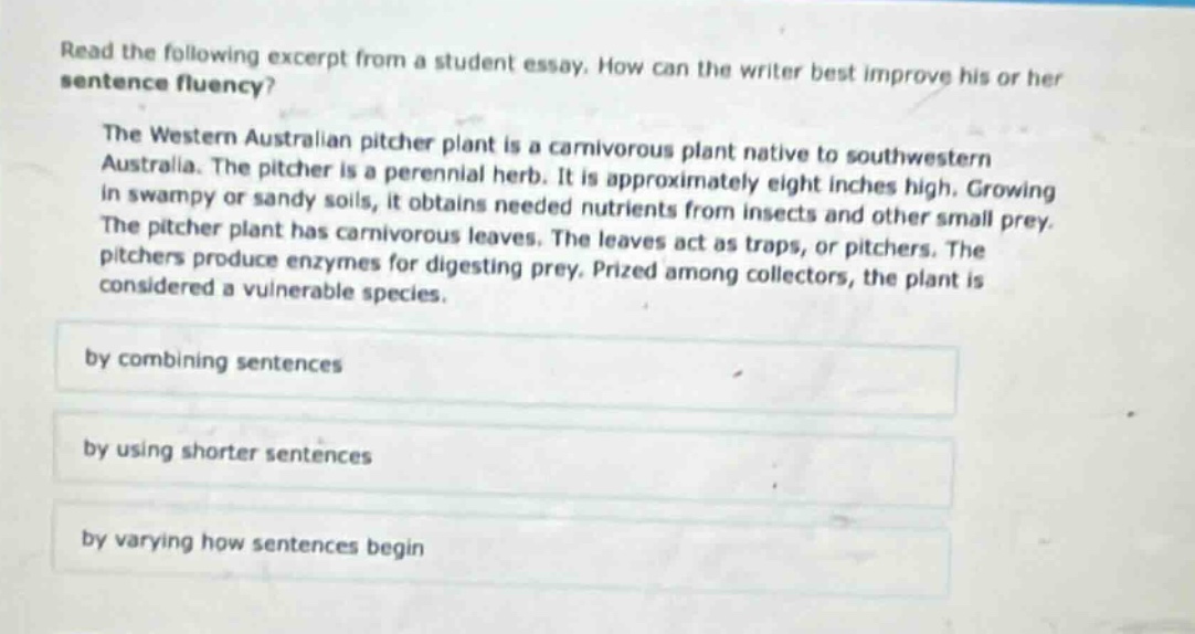 read the following excerpt from a student essay. how can the writer best improve his or her sentence fluency? the western australian pitcher plant is a carnivorous plant native to southwestern australia. the pitcher is a perennial herb. it is approximately eight inches high. growing in swampy or sandy soils, it obtains needed nutrients from insects and other small prey. the pitcher plant has carnivorous leaves. the leaves act as traps, or pitchers. the pitchers produce enzymes for digesting prey. prized among collectors, the plant is considered a vulnerable species. by combining sentences by using shorter sentences by varying how sentences begin