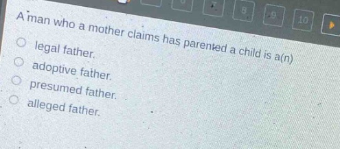 a man who a mother claims has parented a child is a(n)\nlegal father.\nadoptive father.\npresumed father.\nalleged father.
