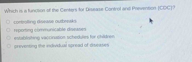 which is a function of the centers for disease control and prevention (cdc)? controlling disease outbreaks reporting communicable diseases establishing vaccination schedules for children preventing the individual spread of diseases