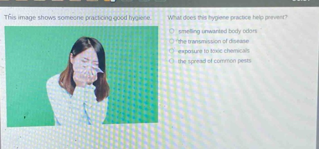 this image shows someone practicing good hygiene. what does this hygiene practice help prevent? smelling unwanted body odors the transmission of disease exposure to toxic chemicals the spread of common pests