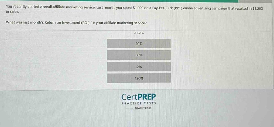 you recently started a small affiliate marketing service. last month, you spent $1,000 on a pay - per - click (ppc) online advertising campaign that resulted in $1,200 in sales. what was last months return on investment (roi) for your affiliate marketing service? 20% 80%.2% 120% certprep practice tests gmetrix
