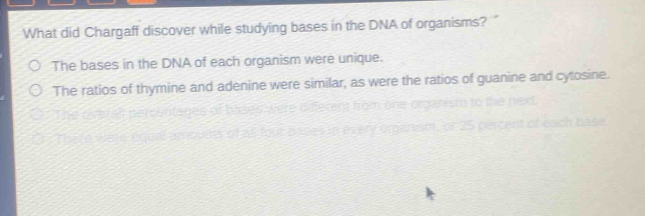 what did chargaff discover while studying bases in the dna of organisms? the bases in the dna of each organism were unique. the ratios of thymine and adenine were similar, as were the ratios of guanine and cytosine. the overall percentages of bases were different from one organism to the next. there were equal amounts of all four bases in every organism, or 25 percent of each base.