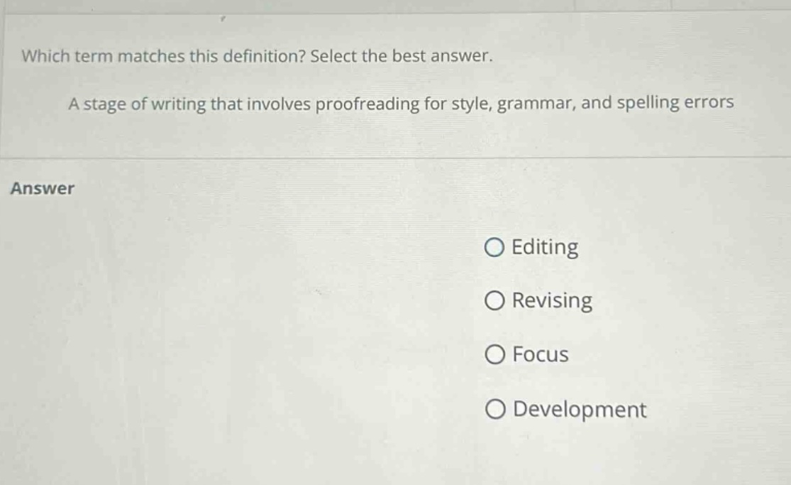 which term matches this definition? select the best answer. a stage of writing that involves proofreading for style, grammar, and spelling errors answer editing revising focus development