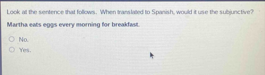 look at the sentence that follows. when translated to spanish, would it use the subjunctive? martha eats eggs every morning for breakfast. no. yes.