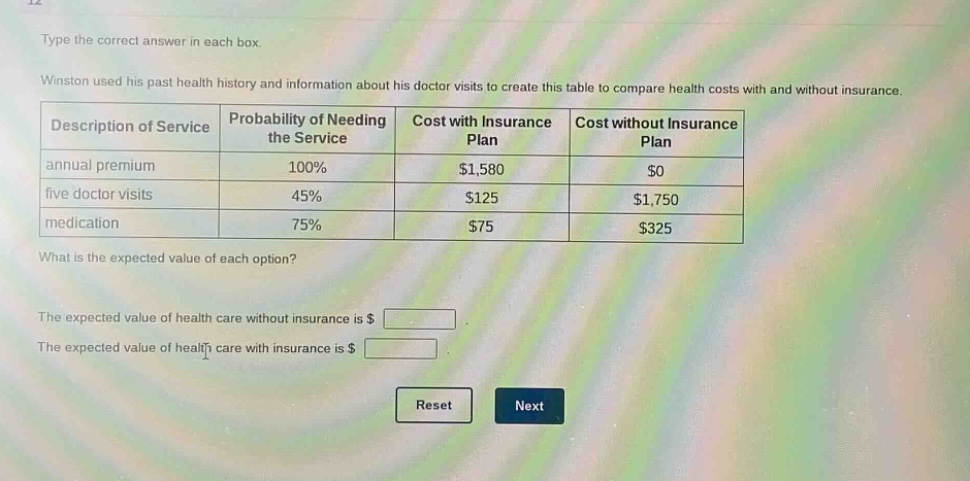 type the correct answer in each box. winston used his past health history and information about his doctor visits to create this table to compare health costs with and without insurance. description of service probability of needing the service cost with insurance plan cost without insurance plan annual premium 100% $1,580 $0 five doctor visits 45% $125 $1,750 medication 75% $75 $325 what is the expected value of each option? the expected value of health care without insurance is $ the expected value of health care with insurance is $ reset next