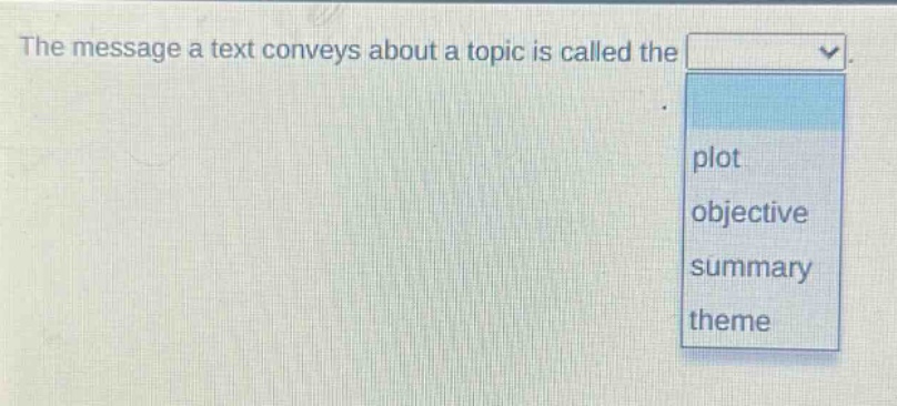 the message a text conveys about a topic is called the plot objective summary theme