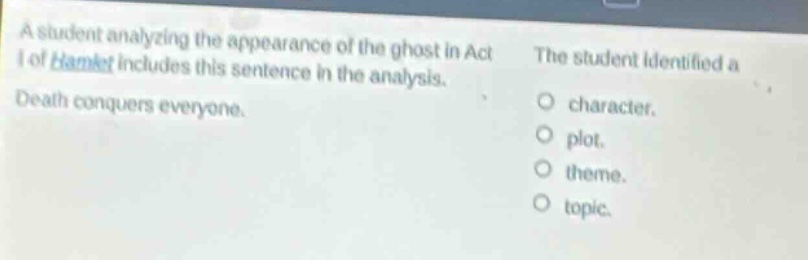 a student analyzing the appearance of the ghost in act i of hamlet includes this sentence in the analysis. death conquers everyone. the student identified a character. plot. theme. topic.