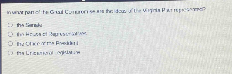 in what part of the great compromise are the ideas of the virginia plan represented? the senate the house of representatives the office of the president the unicameral legislature