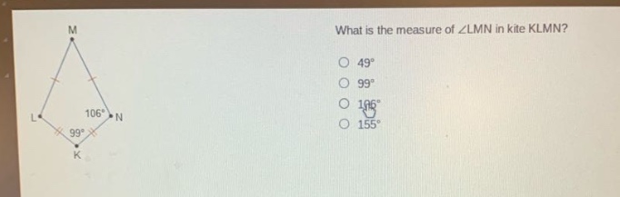 what is the measure of ∠lmn in kite klmn? 49° 99° 106° 155°