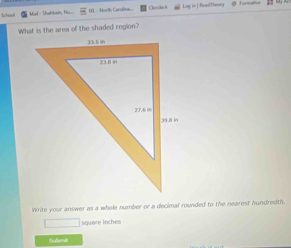 what is the area of the shaded region? write your answer as a whole number or a decimal rounded to the nearest hundredth. square inches