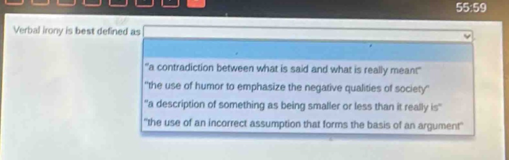 verbal irony is best defined as \a contradiction between what is said and what is really meant\ \the use of humor to emphasize the negative qualities of society\ \a description of something as being smaller or less than it really is\ \the use of an incorrect assumption that forms the basis of an argument\