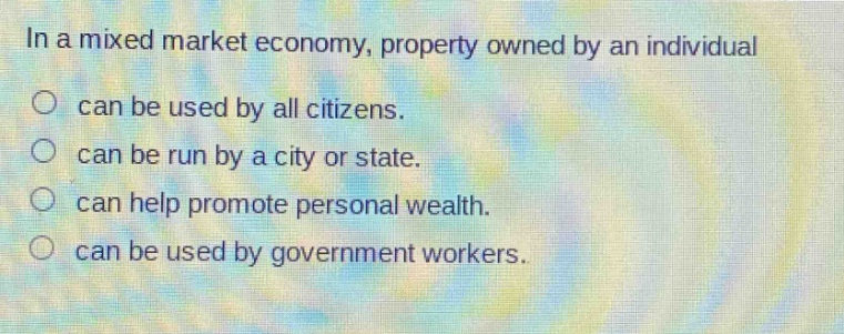 in a mixed market economy, property owned by an individual can be used by all citizens. can be run by a city or state. can help promote personal wealth. can be used by government workers.