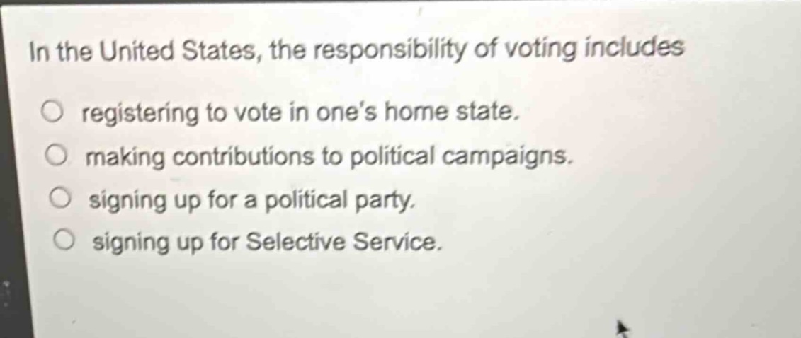 in the united states, the responsibility of voting includes registering to vote in ones home state. making contributions to political campaigns. signing up for a political party. signing up for selective service.