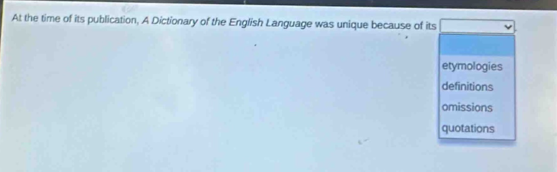 at the time of its publication, a dictionary of the english language was unique because of its etymologies definitions omissions quotations