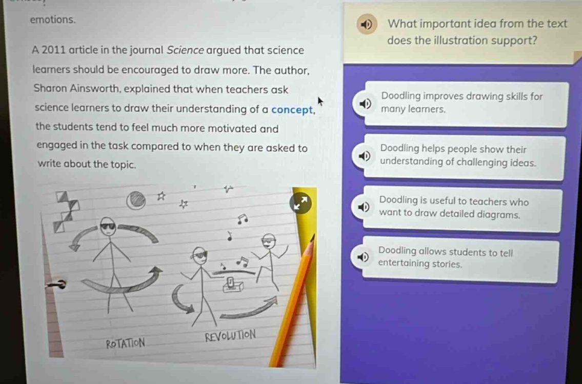 emotions. a 2011 article in the journal science argued that science learners should be encouraged to draw more. the author, sharon ainsworth, explained that when teachers ask science learners to draw their understanding of a concept, the students tend to feel much more motivated and engaged in the task compared to when they are asked to write about the topic. what important idea from the text does the illustration support? doodling improves drawing skills for many learners. doodling helps people show their understanding of challenging ideas. doodling is useful to teachers who want to draw detailed diagrams. doodling allows students to tell entertaining stories. rotation revolution
