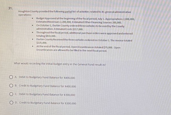 31. houghton county provided the following partial list of activities related to its general administrative operations: - budget approved at the beginning of the fiscal period, july 1. appropriations 2,000,000, estimated revenues 2,200,000, estimated other financing sources 200,000. - on october 1, durban county ordered three vehicles to be used by the county administration. estimated costs $217,000. - during the fiscal period, additional purchase orders were approved and entered totaling $810,000. - durban county received the three vehicles ordered on october 1. the invoice totaled $225,000. - at the end of the fiscal period, open encumbrances totaled $79,000. open encumbrances are allowed to be filled in the next fiscal period. what would recording the initial budget entry in the general fund result in? a. debit to budgetary fund balance for $400,000 b. credit to budgetary fund balance for $400,000 c. debit to budgetary fund balance for $300,000 d. credit to budgetary fund balance for $300,000