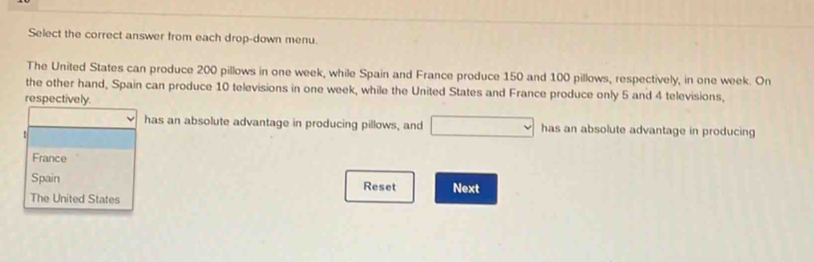 select the correct answer from each drop - down menu. the united states can produce 200 pillows in one week, while spain and france produce 150 and 100 pillows, respectively, in one week. on the other hand, spain can produce 10 televisions in one week, while the united states and france produce only 5 and 4 televisions, respectively. has an absolute advantage in producing pillows, and has an absolute advantage in producing