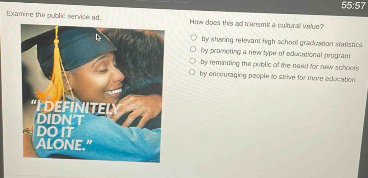 examine the public service ad. how does this ad transmit a cultural value? by sharing relevant high school graduation statistics by promoting a new type of educational program by reminding the public of the need for new schools by encouraging people to strive for more education \i definitely didnt do it alone.\