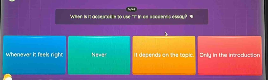 when is it acceptable to use \i\ in an academic essay? whenever it feels right never it depends on the topic. only in the introduction