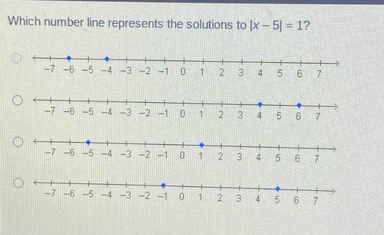 which number line represents the solutions to |x - 5| = 1?