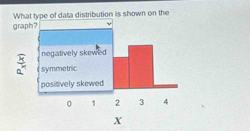 what type of data distribution is shown on the graph? negatively skewed symmetric positively skewed