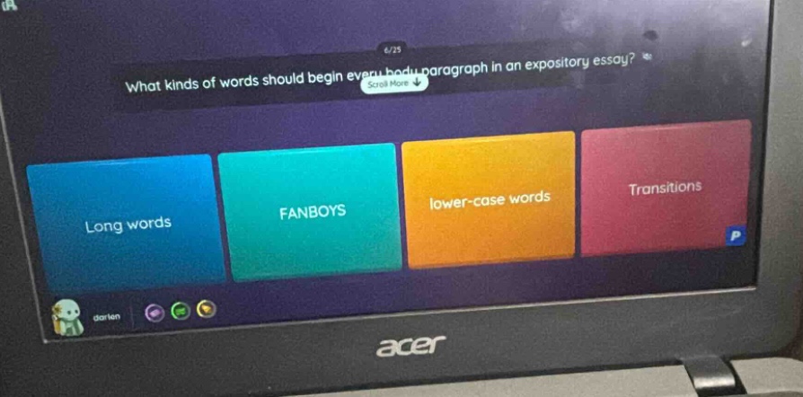 what kinds of words should begin every body paragraph in an expository essay? long words fanboys lower - case words transitions