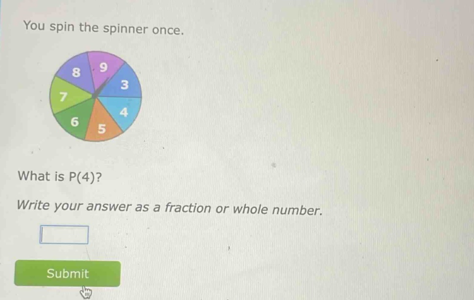 you spin the spinner once. what is p(4)? write your answer as a fraction or whole number.