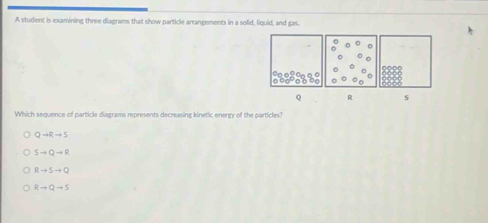 a student is examining three diagrams that show particle arrangements in a solid, liquid, and gas. which sequence of particle diagrams represents decreasing kinetic energy of the particles? q→r→s s→q→r r→s→q r→q→s