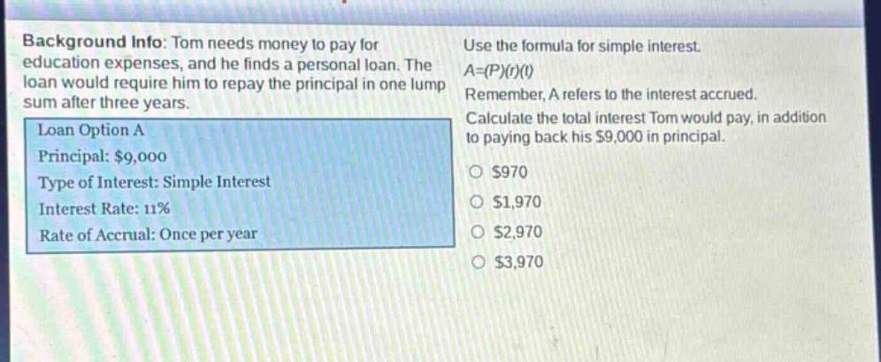 background info: tom needs money to pay for education expenses, and he finds a personal loan. the loan would require him to repay the principal in one lump sum after three years. loan option a principal: $9,000 type of interest: simple interest interest rate: 11% rate of accrual: once per year use the formula for simple interest. a=(p)(r)(t) remember, a refers to the interest accrued. calculate the total interest tom would pay, in addition to paying back his $9,000 in principal. $970 $1,970 $2,970 $3,970