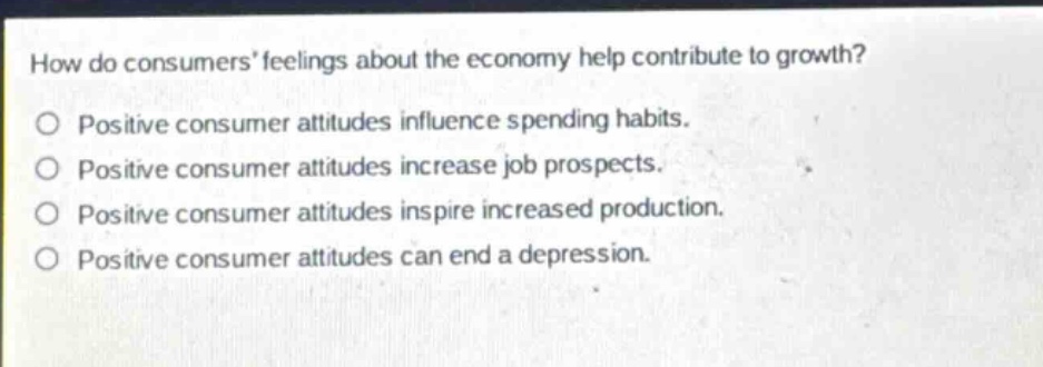how do consumers feelings about the economy help contribute to growth?\npositive consumer attitudes influence spending habits.\npositive consumer attitudes increase job prospects.\npositive consumer attitudes inspire increased production.\npositive consumer attitudes can end a depression.