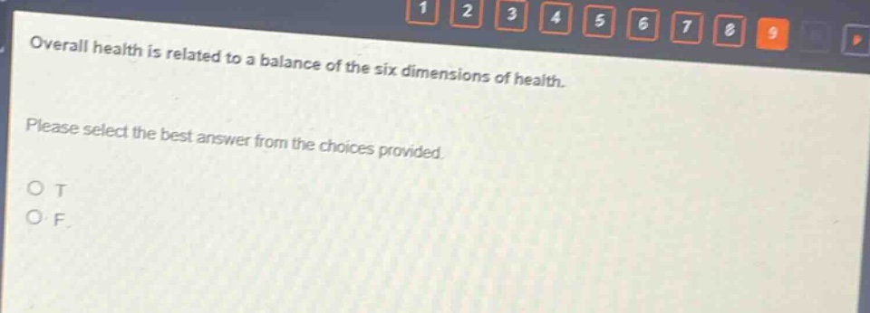 overall health is related to a balance of the six dimensions of health. please select the best answer from the choices provided. o t o f