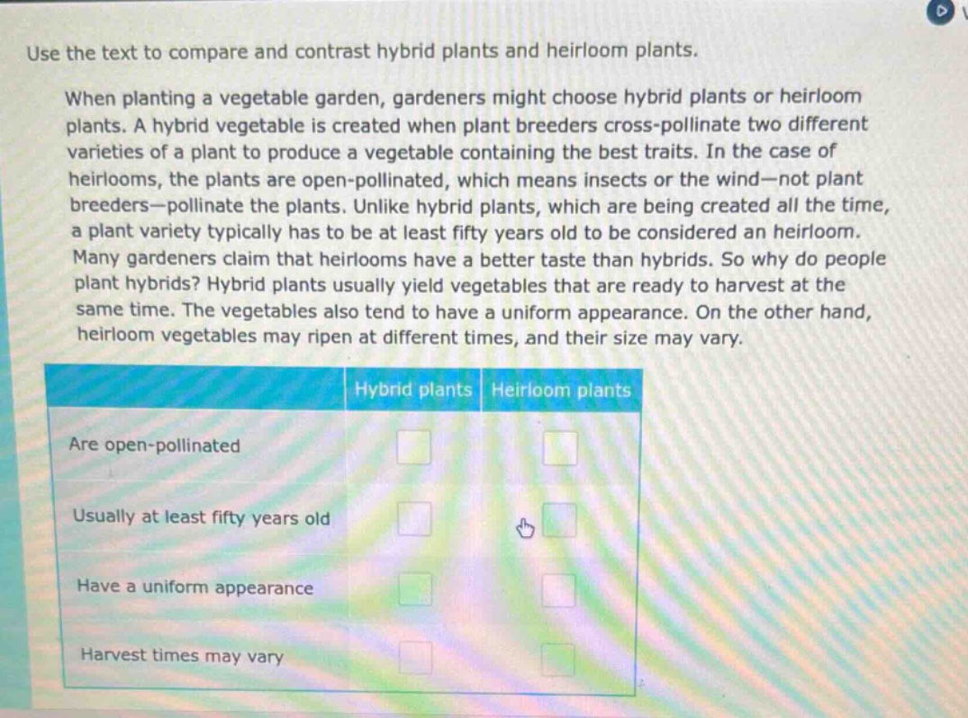 use the text to compare and contrast hybrid plants and heirloom plants. when planting a vegetable garden, gardeners might choose hybrid plants or heirloom plants. a hybrid vegetable is created when plant breeders cross - pollinate two different varieties of a plant to produce a vegetable containing the best traits. in the case of heirlooms, the plants are open - pollinated, which means insects or the wind—not plant breeders—pollinate the plants. unlike hybrid plants, which are being created all the time, a plant variety typically has to be at least fifty years old to be considered an heirloom. many gardeners claim that heirlooms have a better taste than hybrids. so why do people plant hybrids? hybrid plants usually yield vegetables that are ready to harvest at the same time. the vegetables also tend to have a uniform appearance. on the other hand, heirloom vegetables may ripen at different times, and their size may vary. hybrid plants heirloom plants are open - pollinated usually at least fifty years old have a uniform appearance harvest times may vary