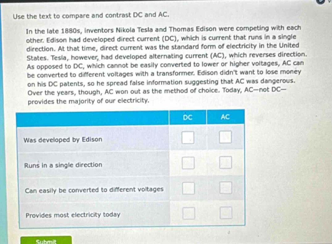 use the text to compare and contrast dc and ac. in the late 1880s, inventors nikola tesla and thomas edison were competing with each other. edison had developed direct current (dc), which is current that runs in a single direction. at that time, direct current was the standard form of electricity in the united states. tesla, however, had developed alternating current (ac), which reverses direction. as opposed to dc, which cannot be easily converted to lower or higher voltages, ac can be converted to different voltages with a transformer. edison didnt want to lose money on his dc patents, so he spread false information suggesting that ac was dangerous. over the years, though, ac won out as the method of choice. today, ac - not dc - provides the majority of our electricity. dc ac was developed by edison runs in a single direction can easily be converted to different voltages provides most electricity today