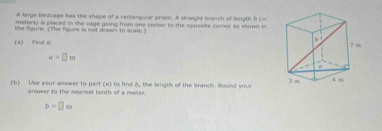 a large birdcage has the shape of a rectangular prism. a straight branch of length b (in meters) is placed in the cage going from one corner to the opposite corner as shown in the figure. (the figure is not drawn to scale.) (a) find a. a = m (b) use your answer to part (a) to find b, the length of the branch. round your answer to the nearest tenth of a meter. b = m