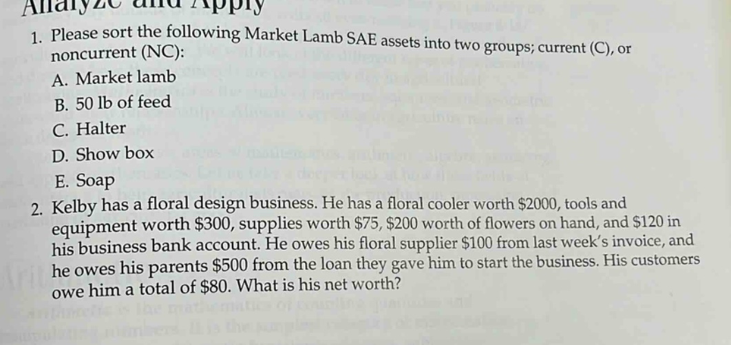 analyze and apply\n1. please sort the following market lamb sae assets into two groups; current (c), or noncurrent (nc):\na. market lamb\nb. 50 lb of feed\nc. halter\nd. show box\ne. soap\n2. kelby has a floral design business. he has a floral cooler worth $2000, tools and equipment worth $300, supplies worth $75, $200 worth of flowers on hand, and $120 in his business bank account. he owes his floral supplier $100 from last week’s invoice, and he owes his parents $500 from the loan they gave him to start the business. his customers owe him a total of $80. what is his net worth?